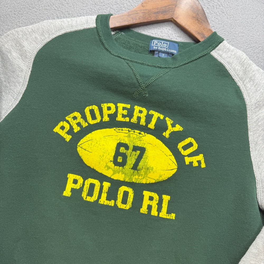 Polo Ralph Lauren Sweatshirt Kids 7 Green/Gray Fleece Raglan Preppy Varsity